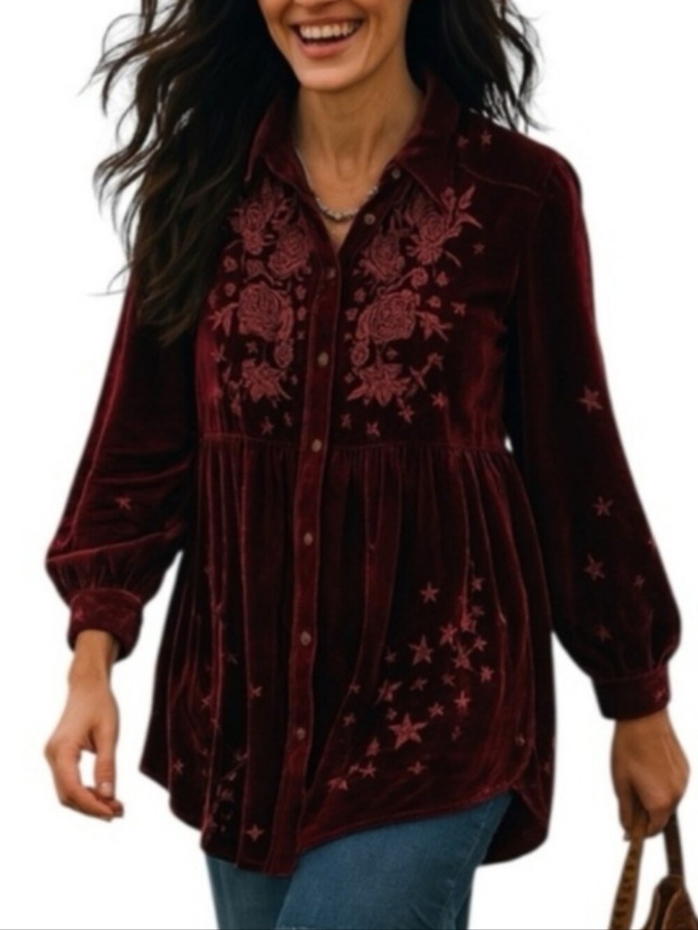Johnny Was ⭐ Roberta Velvet Smock Shirt in Merlot Size Small NWOT